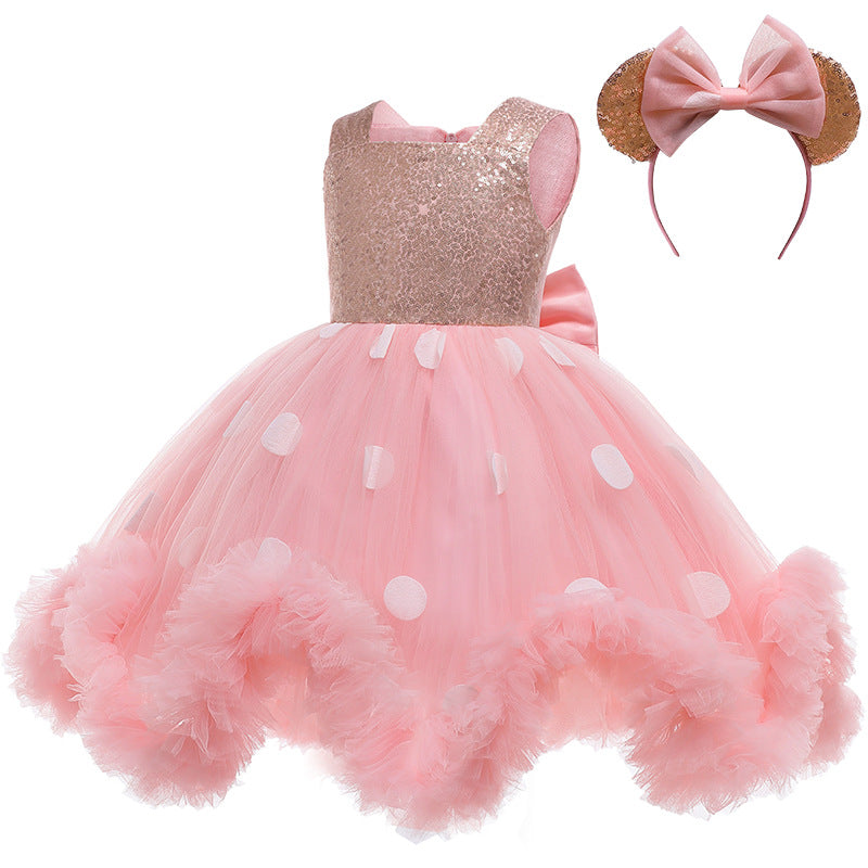 (PRE ORDER)GIRLS PINK MESH POLKA DOT FLUFFY DRESS WITH HAIR HOOP