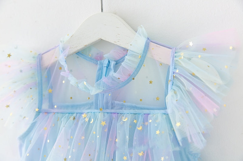 （Pre Order）Girls' Rainbow Star Sequin Tulle Puff Sleeve Dress