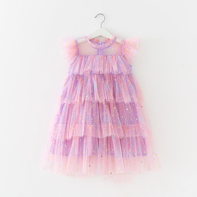 （Pre Order）Girls' Rainbow Star Sequin Tulle Puff Sleeve Dress