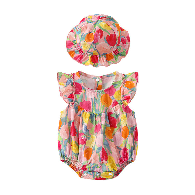 （Pre Order）Toddler Girls Spring and Summer Tulip Print Romper with Hat