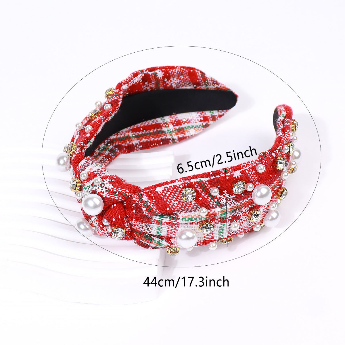 （Pre Order）Stylish Christmas Pearl Rhinestone Plaid Headband