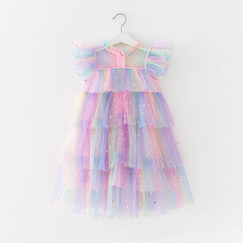 （Pre Order）Girls' Rainbow Star Sequin Tulle Puff Sleeve Dress