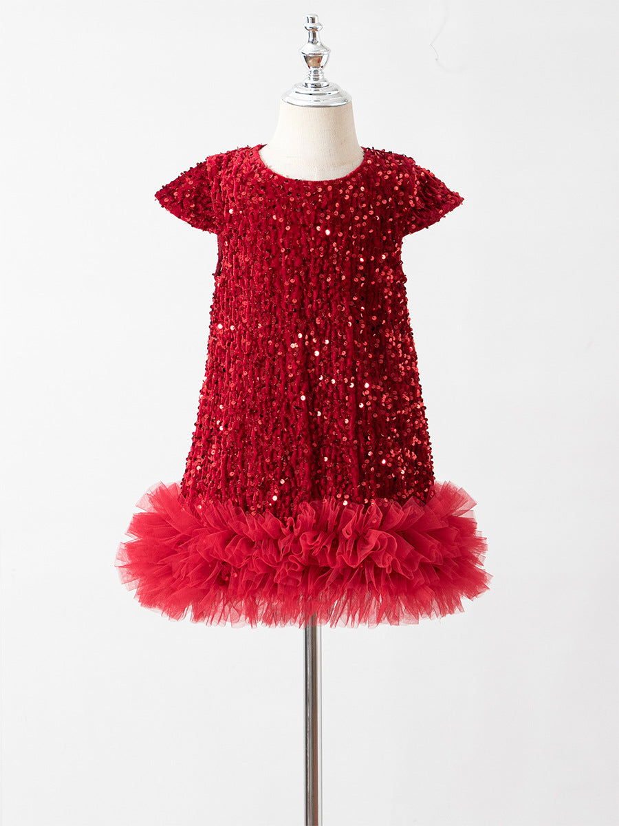 (PRE-ORDER)GIRLS VELVET SEQUINS RUFFLES DRESS