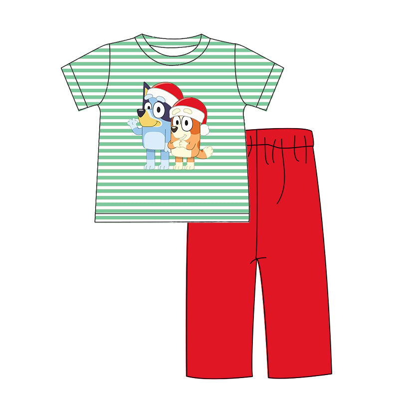 （Pre Order）Boys Christmas Cartoon Print Green Stripe Outfit Set