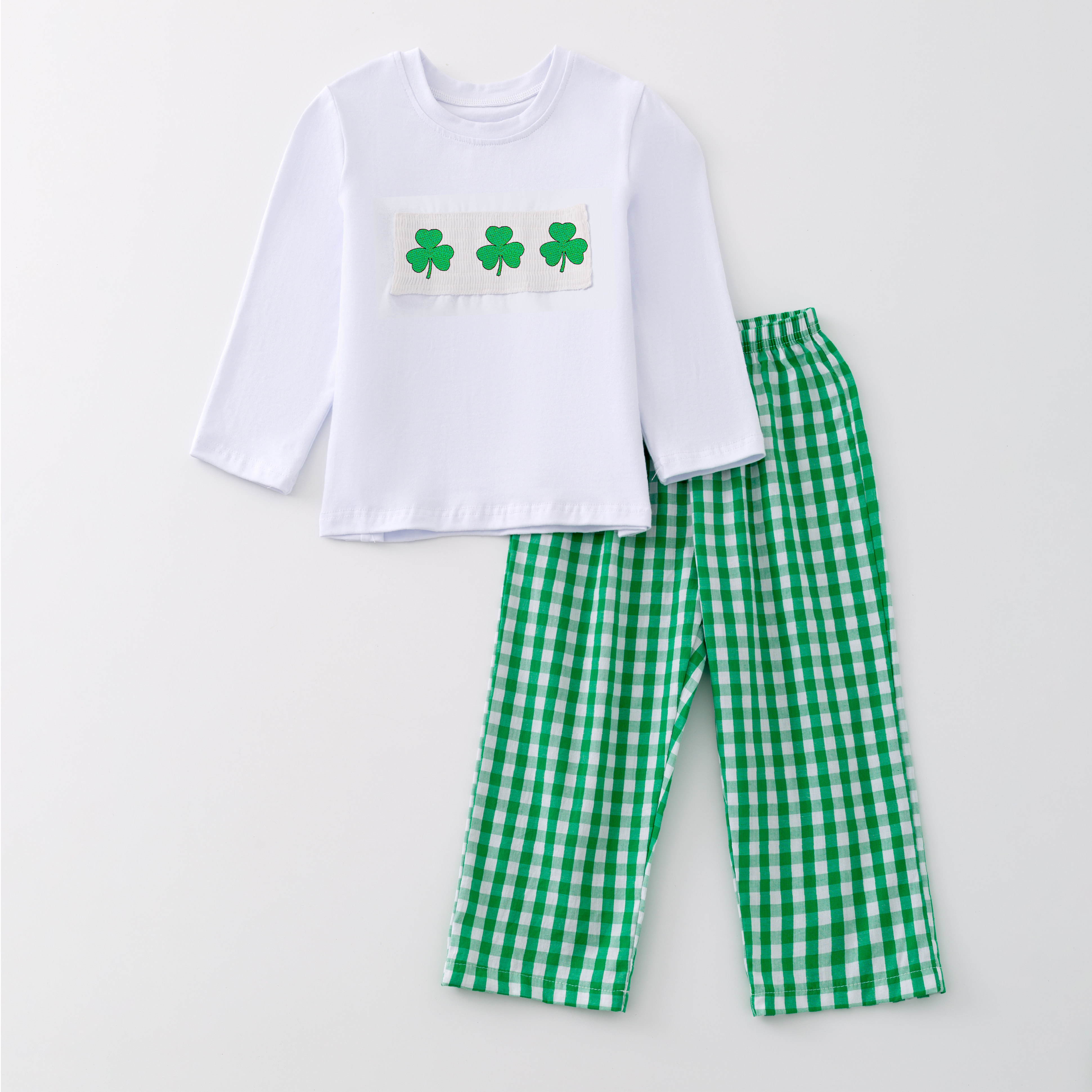 （Pre Order）St. Patrick's Day Shamrock Embroidery Smocked Romper Dress Outfit Set