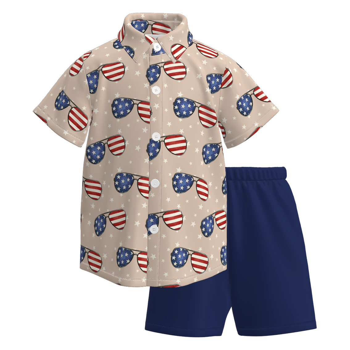 （Pre Order）Boys Patriotic Print Four-way Stretch Shirt Set