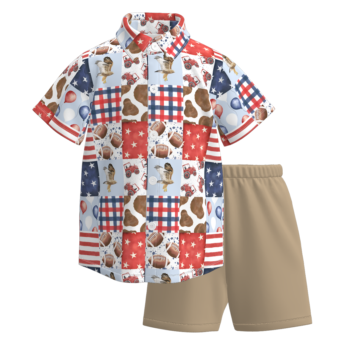 （Pre Order）Boys Patriotic Print Four-way Stretch Shirt Set