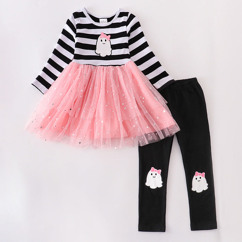 （In Stock E31-1-3 G11-2-1）Girls Halloween Ghost Embroidery Outfit Set