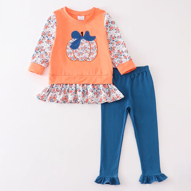 （In Stock E31-06-03）Girls Halloween Pumpkin Applique Outfit Set