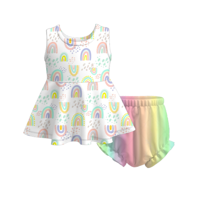 (Pre Order)Baby Girls Rainbow Birthday Floral Print Shorts Set