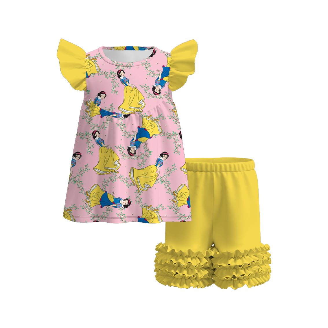 （Pre Order）Girls Summer Snow White Print Ruffled Flying Sleeve Short Set