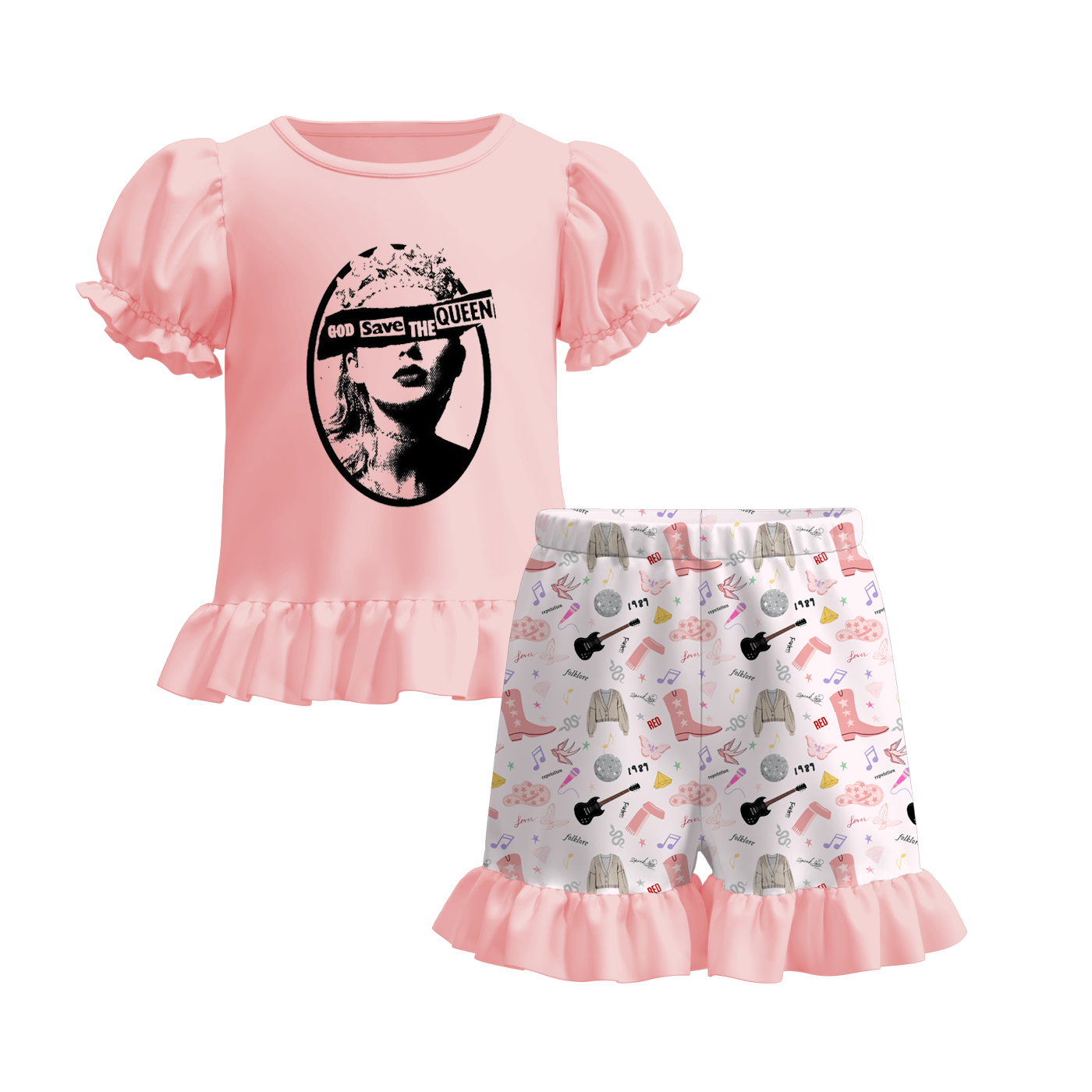 （Pre Order）Girls Summer TS Print Ruffled Short Set