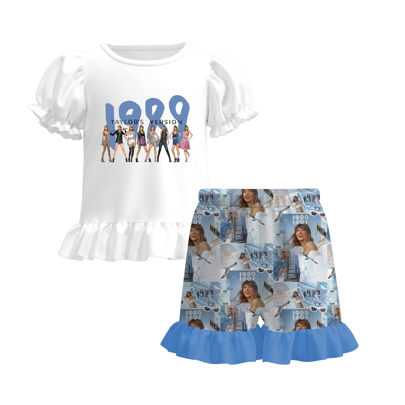 （Pre Order）Girls Summer TS Print Ruffled Short Set