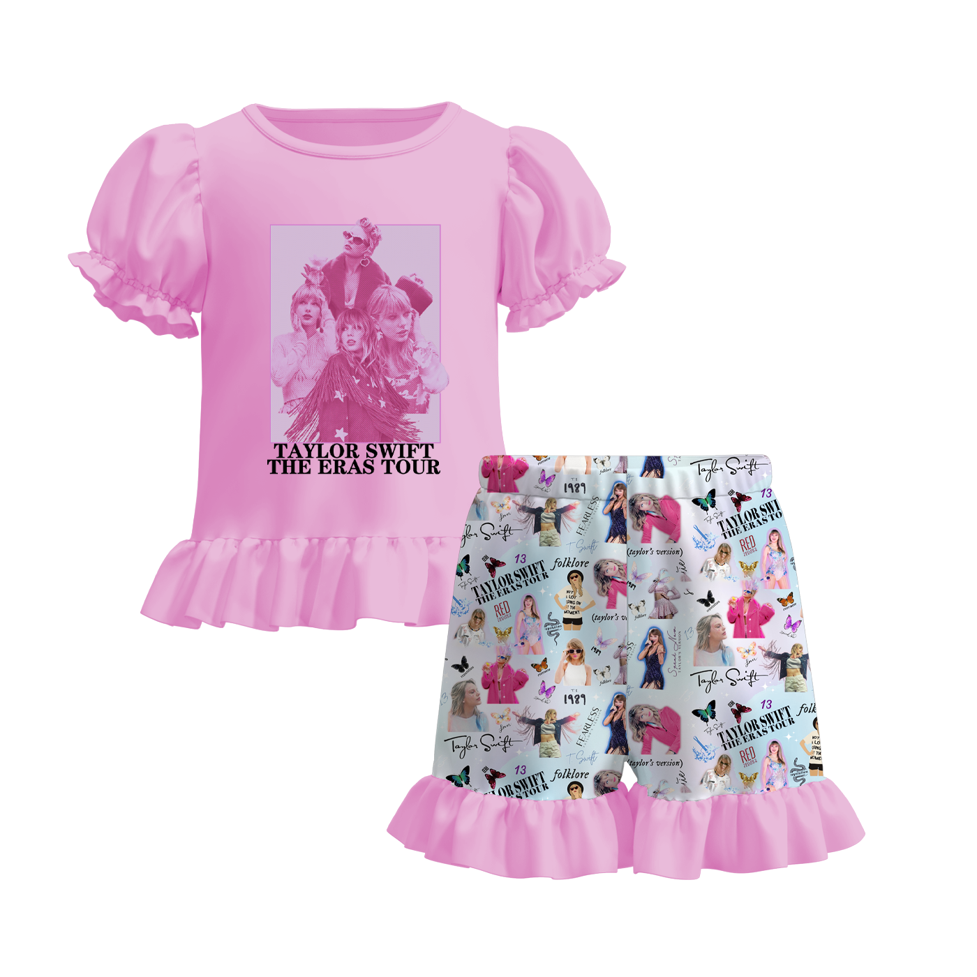 （Pre Order）Girls Summer TS Print Ruffled Short Set