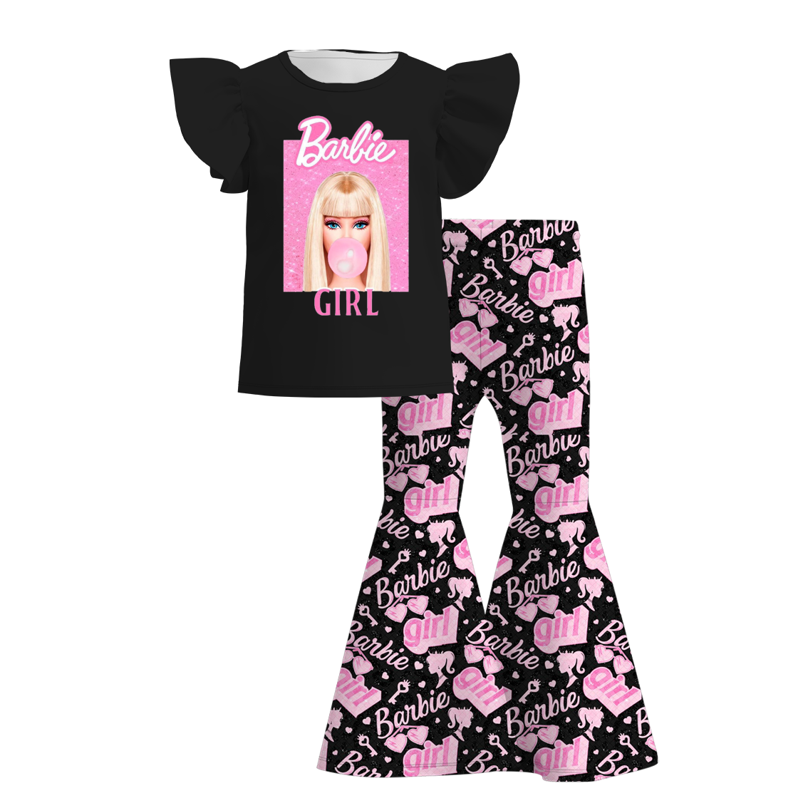 （Pre Order）Grils Summer Barbie Print Ruffled Belll Pant Set