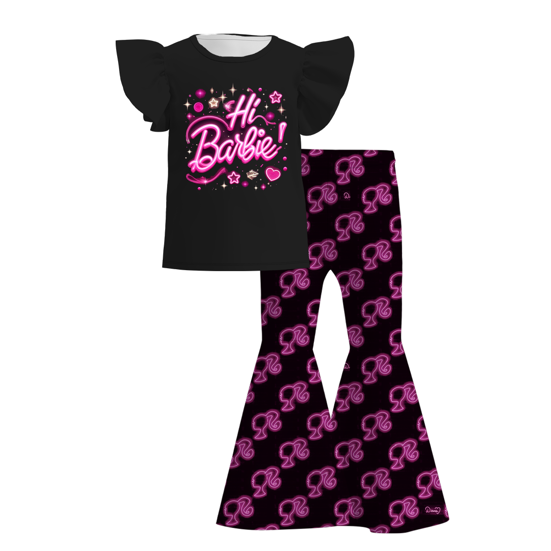 （Pre Order）Grils Summer Barbie Print Ruffled Belll Pant Set