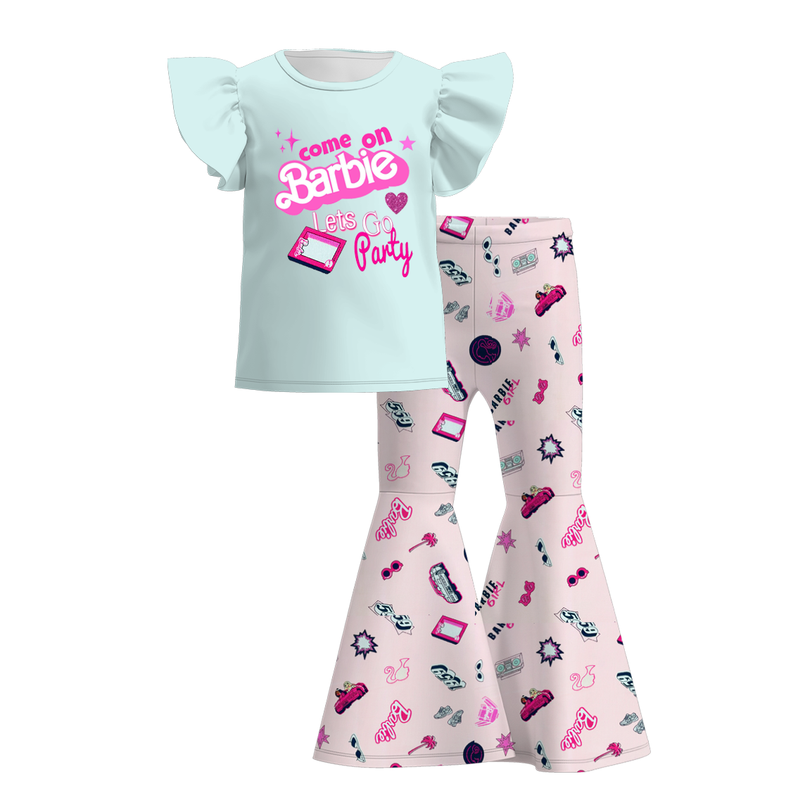 （Pre Order）Grils Summer Barbie Print Ruffled Belll Pant Set