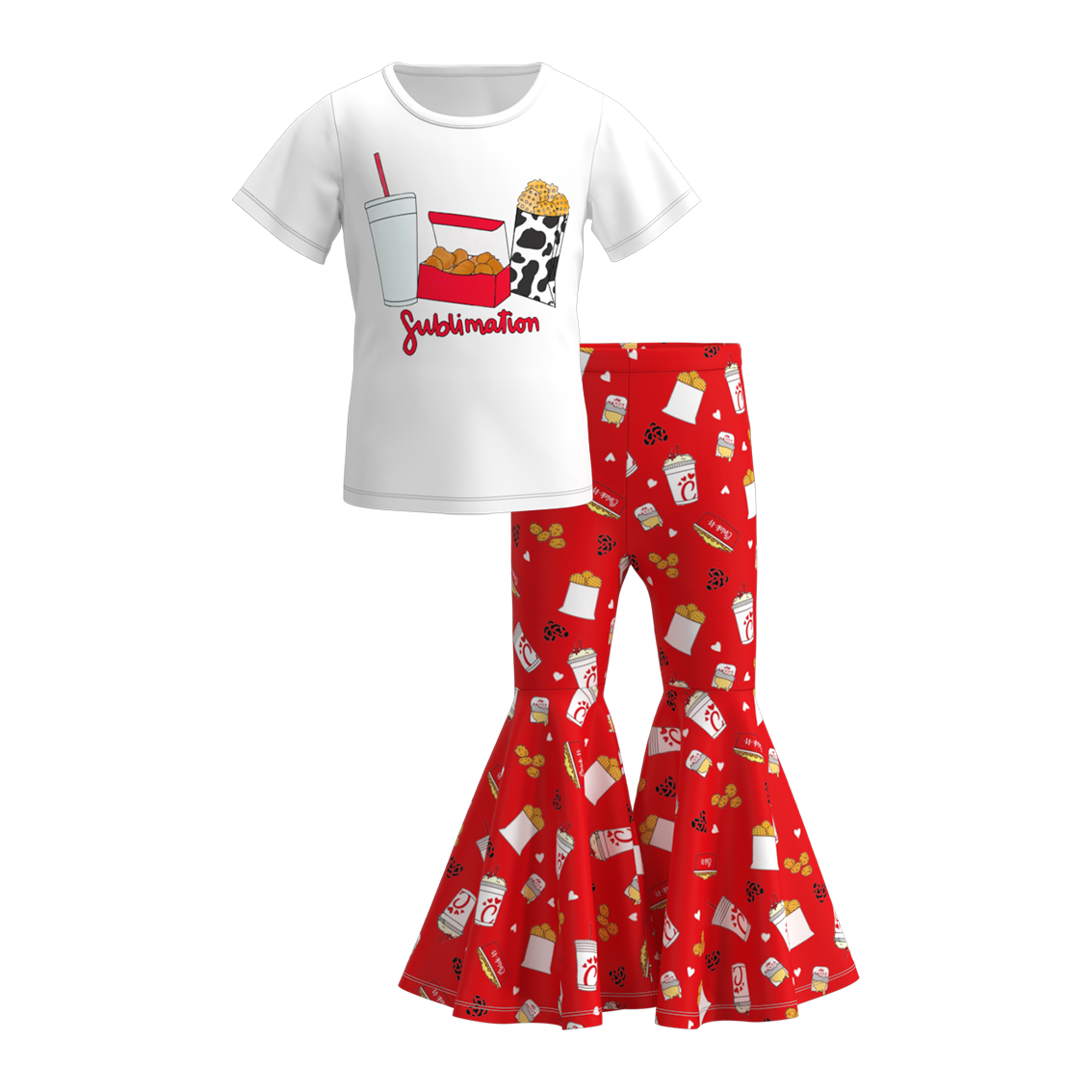 （Pre Order）Grils Summer Outfit French Fries Print Ruffled Belll Pant Set