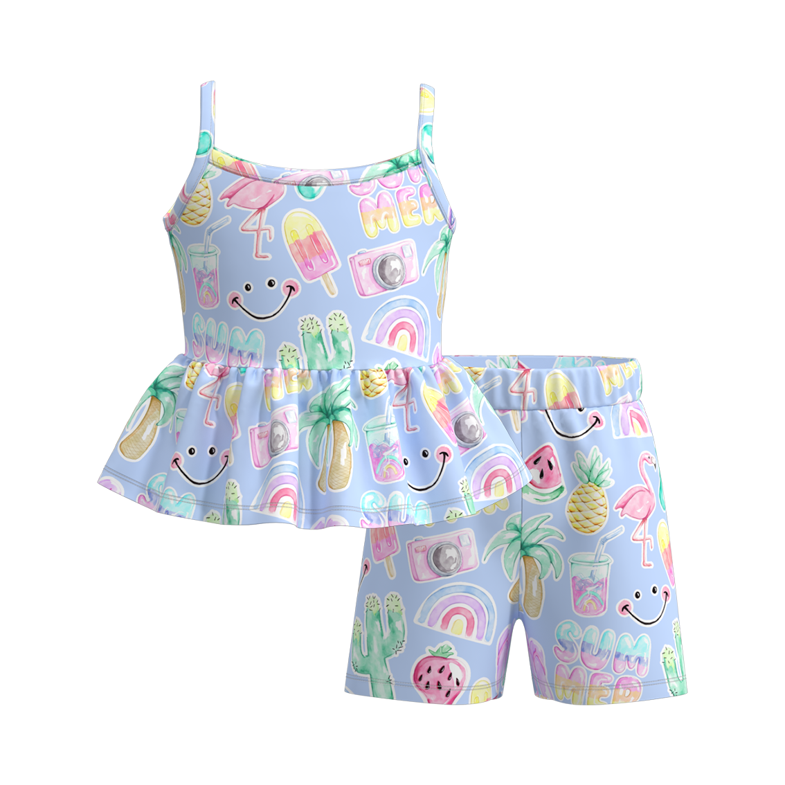 （Pre Order）Girls Summer Cartoon Print Slip Short Set