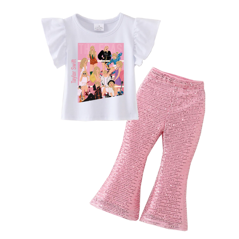 （Pre Order）Girls Cotton Print Top Pink Sequins Flare Pant Set