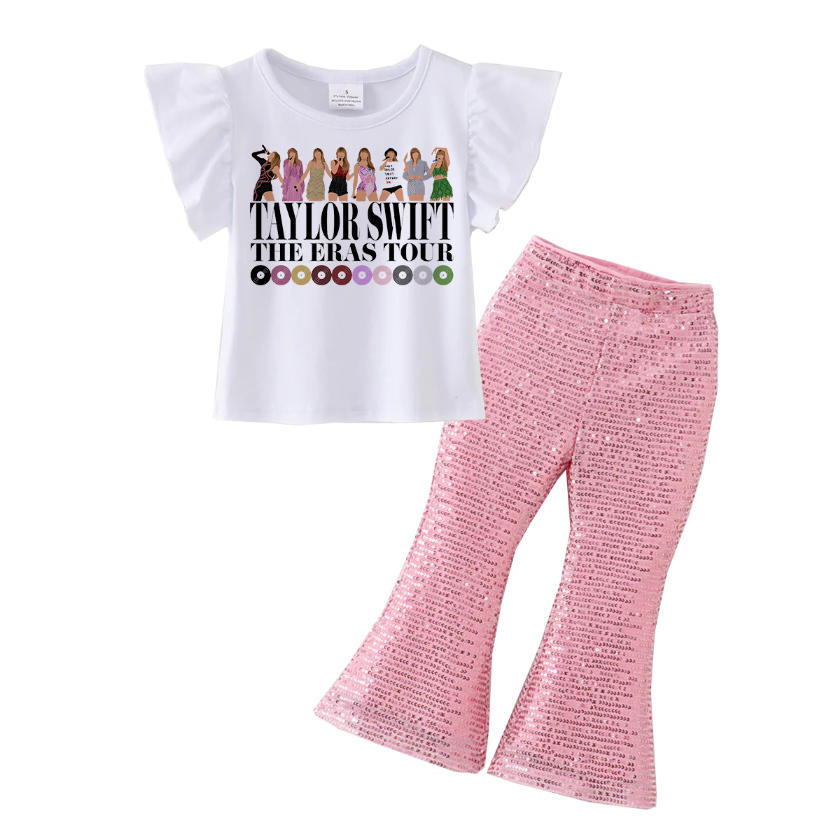 （Pre Order）Girls Cotton Print Top Pink Sequins Flare Pant Set