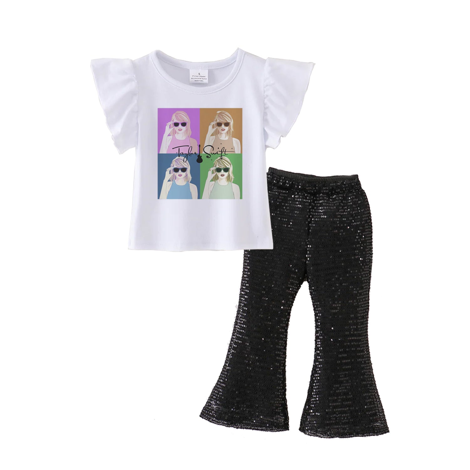 （Pre Order）Girls Cotton Print Top Sequins Flare Pant Set