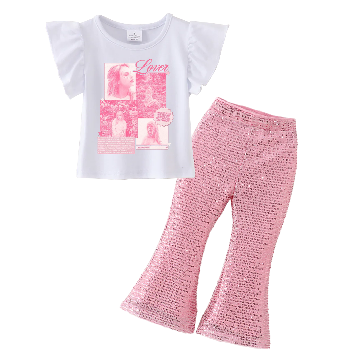 （Pre Order）Girls Cotton Print Top Pink Sequins Flare Pant Set