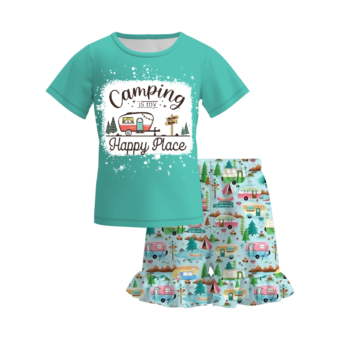 （Pre Order）Girls Summer Camping Print Short Set