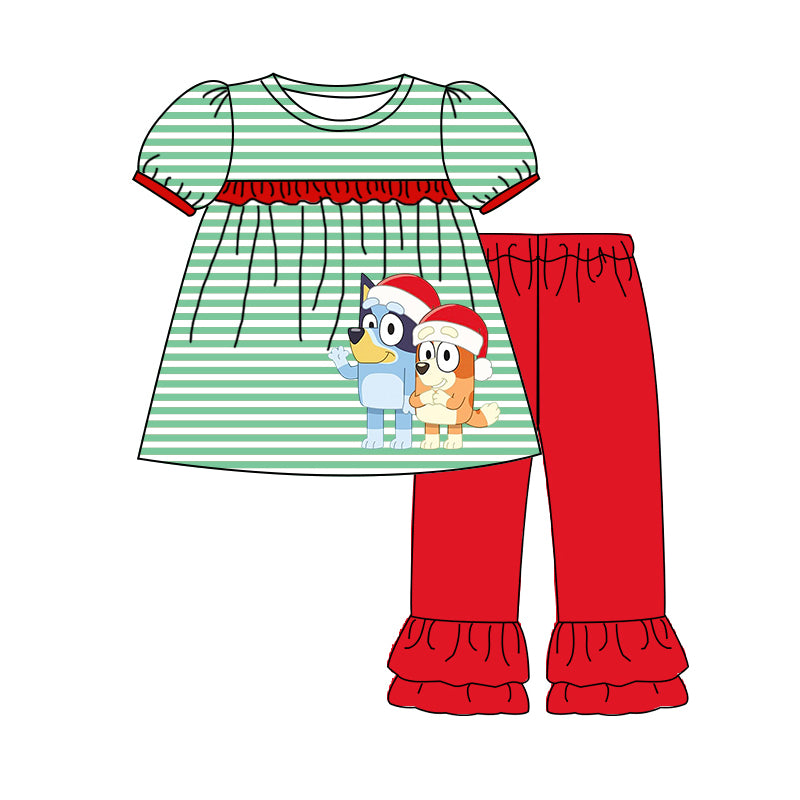 （Pre Order）Girls Christmas Cartoon Print Green Stripe Outfit Set