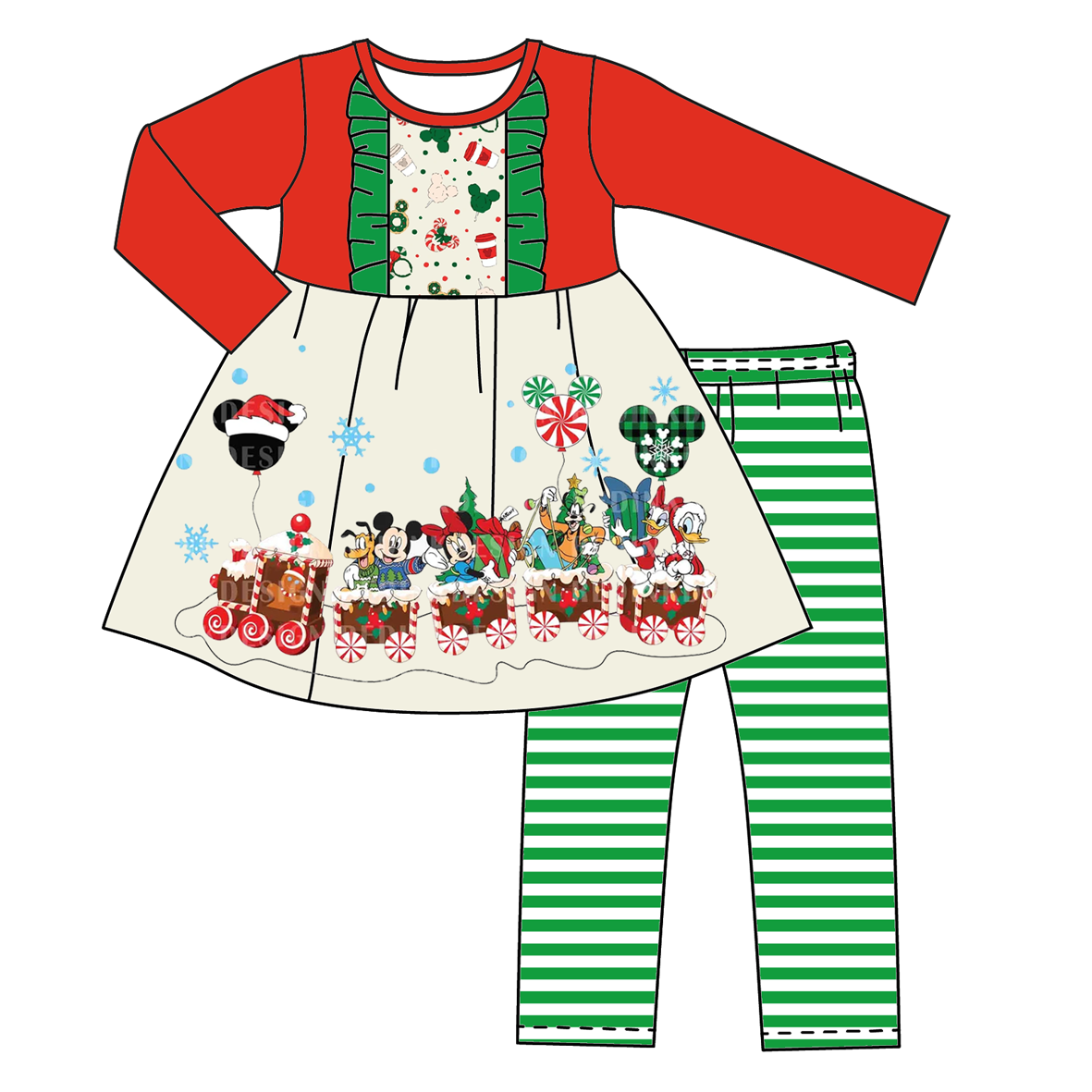 （Pre Order）Girls Christmas Cartoon Print Stripe Outfit Set