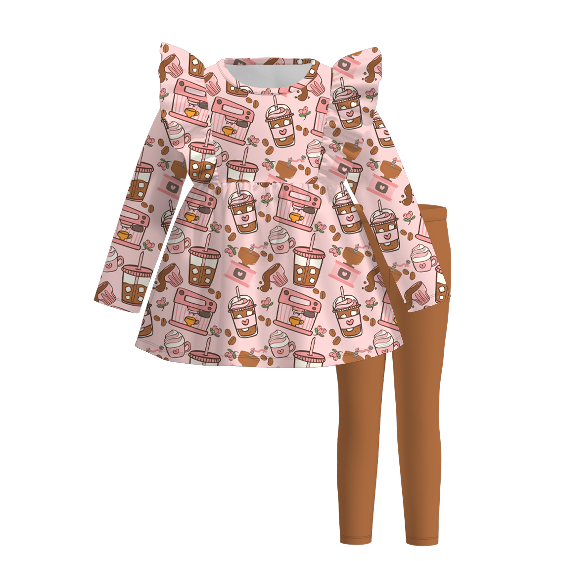 （Pre Order）Girls Coffee Or Lattes Print Outfit Set