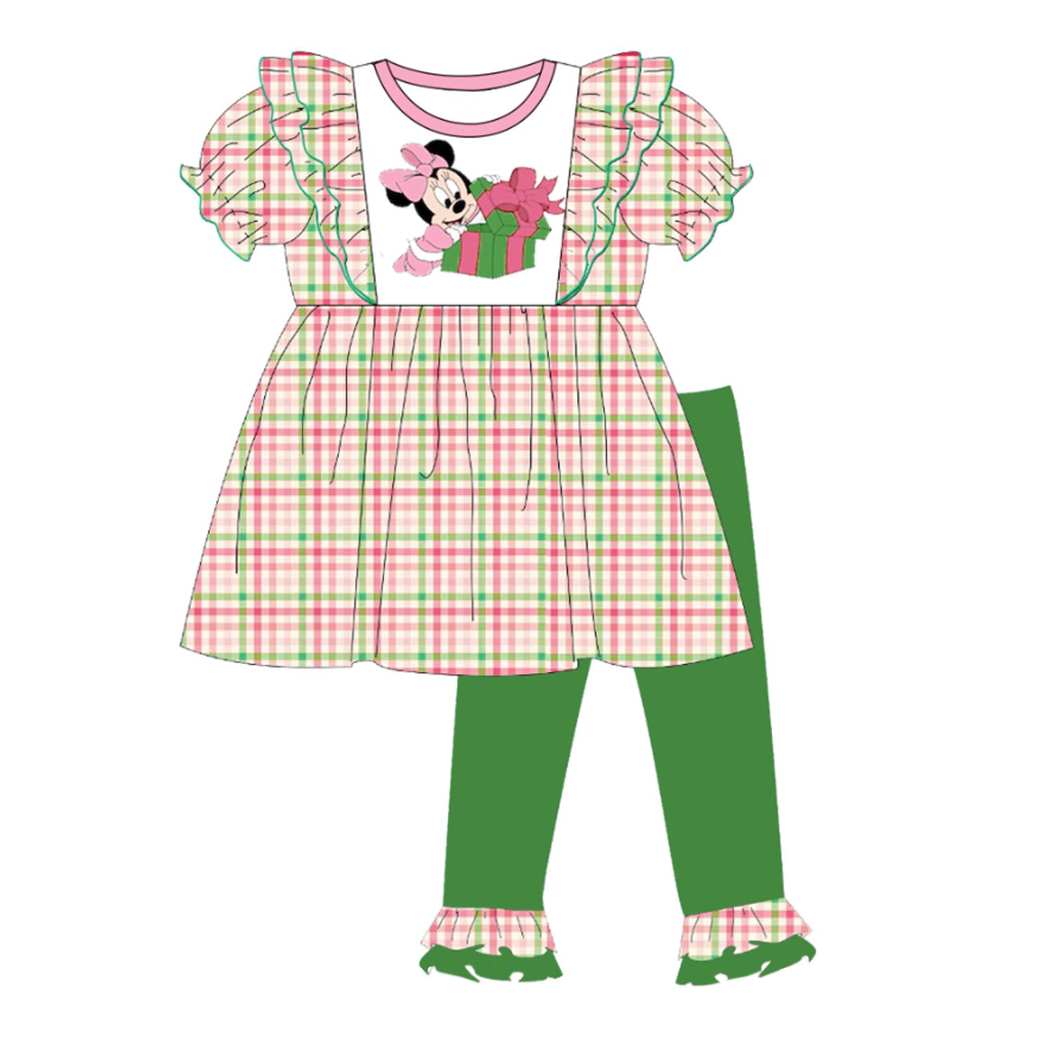 （Pre Order）Girls Christmas Cartoon Print Plaid Outfit Set