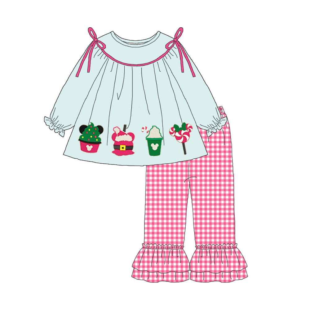 （Pre Order）Girls Christmas Cartoon Print Plaid Outfit Set