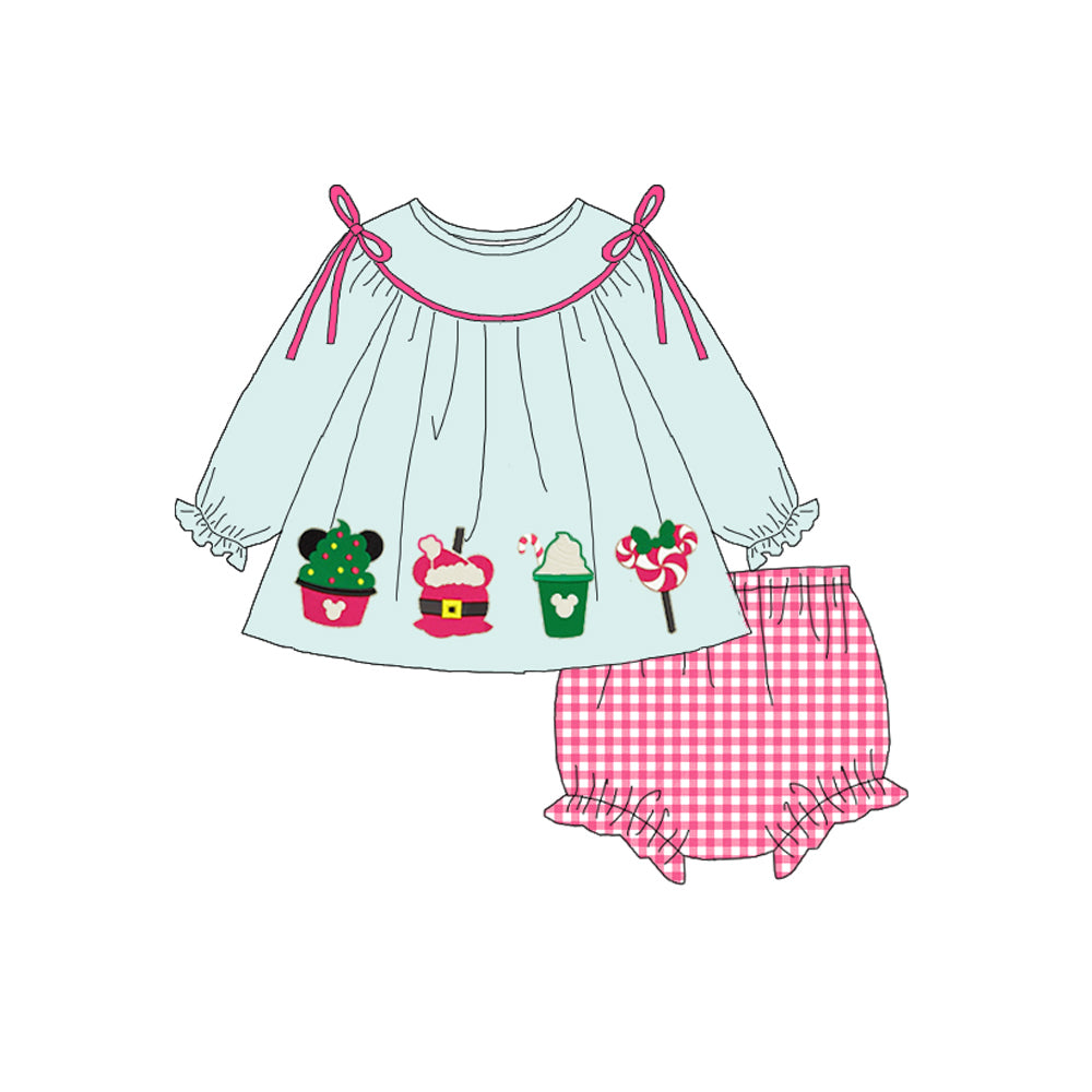 （Pre Order）Baby Girls Christmas Cartoon Print Plaid Bloomer Set