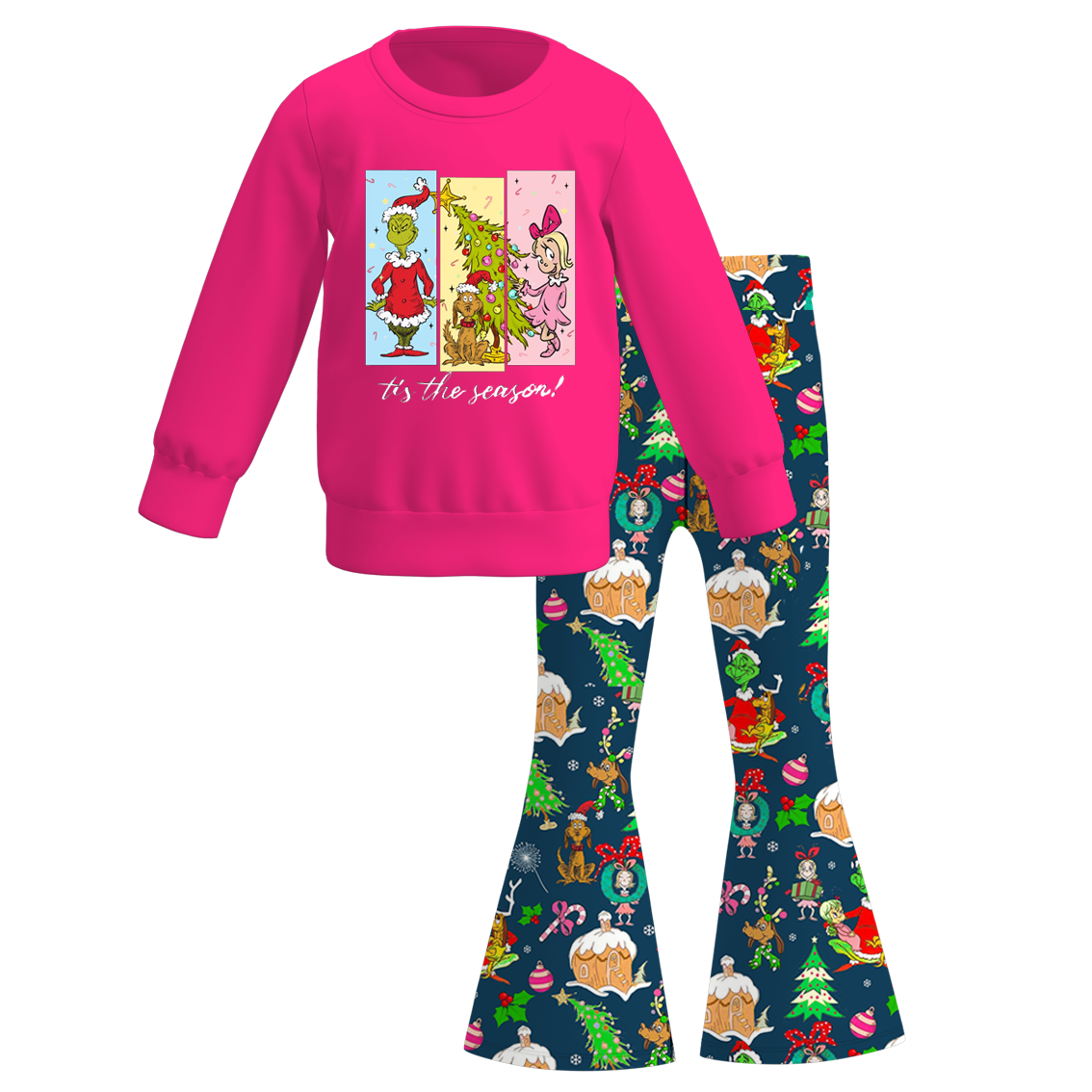 （Pre Order）Girls Christmas Cartoon Print Sweatshirt Bell Pants Set