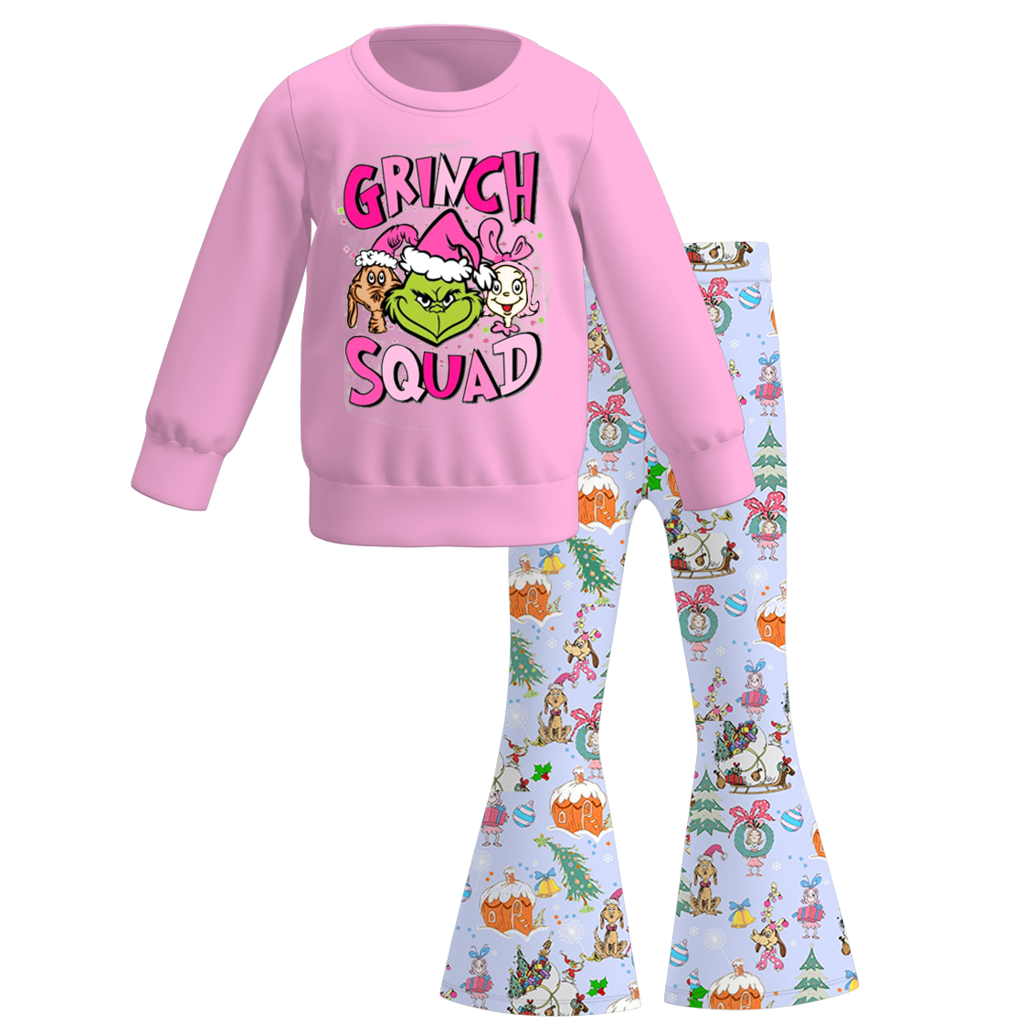 （Pre Order）Girls Christmas Cartoon Print Sweatshirt Bell Pants Set