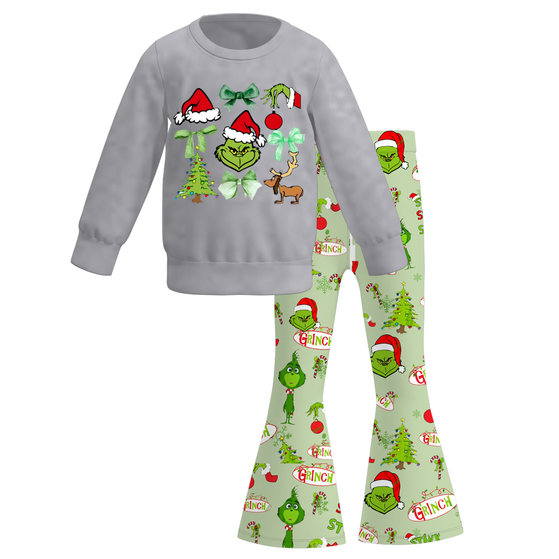 （Pre Order）Girls Christmas Cartoon Print Sweatshirt Bell Pants Set