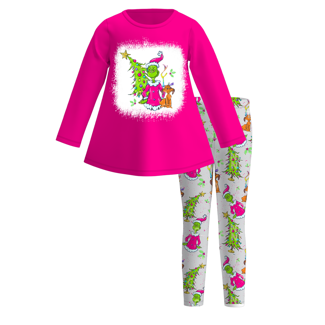 （Pre Order）Girls Christmas Cartoon Print Outfit Set