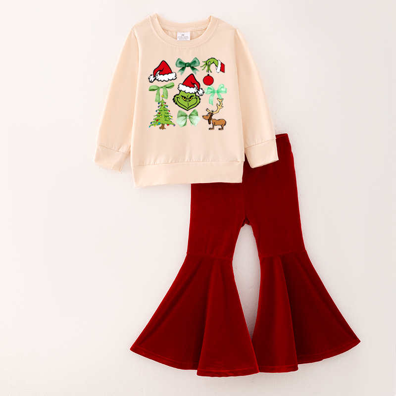 （Pre Order）Girls Christmas Print Top Velvet Pants Set