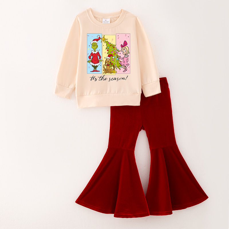 （Pre Order）Girls Christmas Print Top Velvet Pants Set