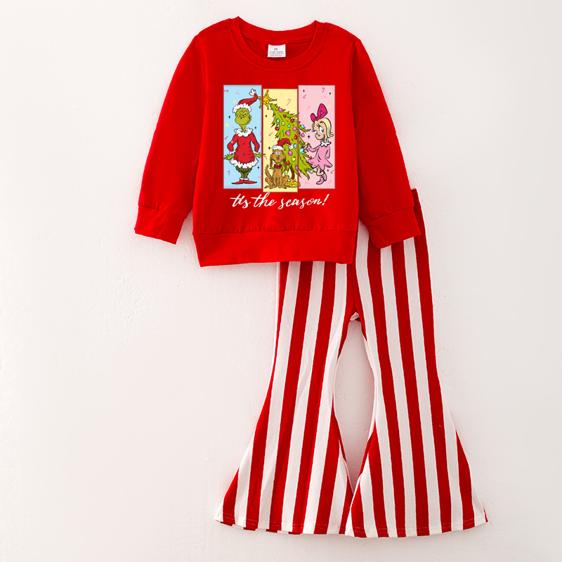 （Pre Order）Girls Christmas Print Top Stripe Pants Set