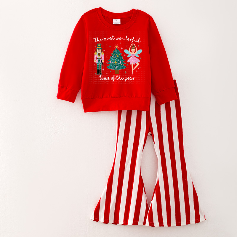 （Pre Order）Girls Christmas Print Top Stripe Pants Set