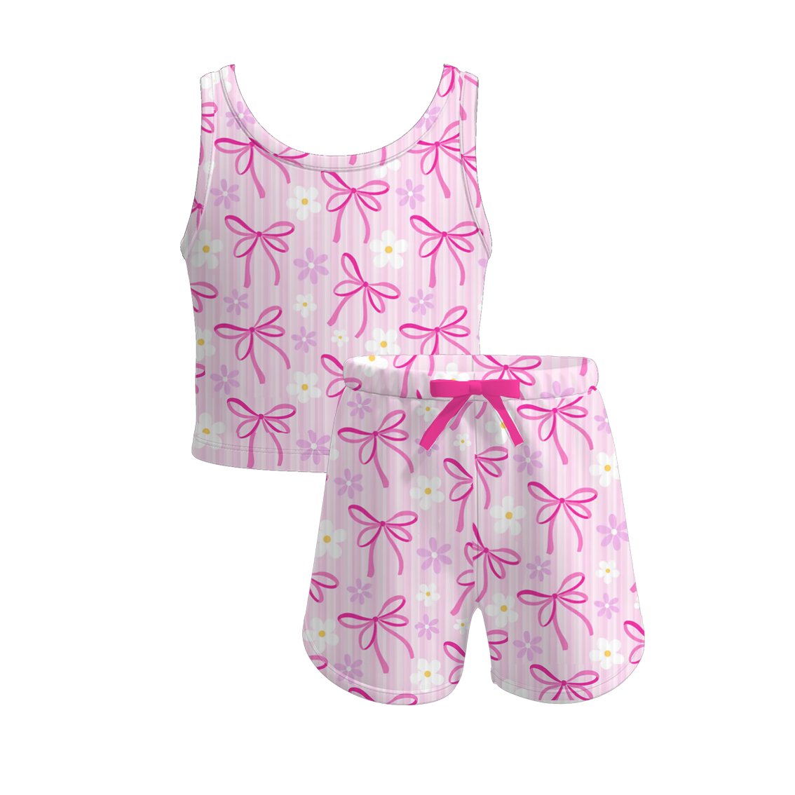 （Pre Order）Girls Spring and Summer Bow＆Floral Print Twill Shorts Set