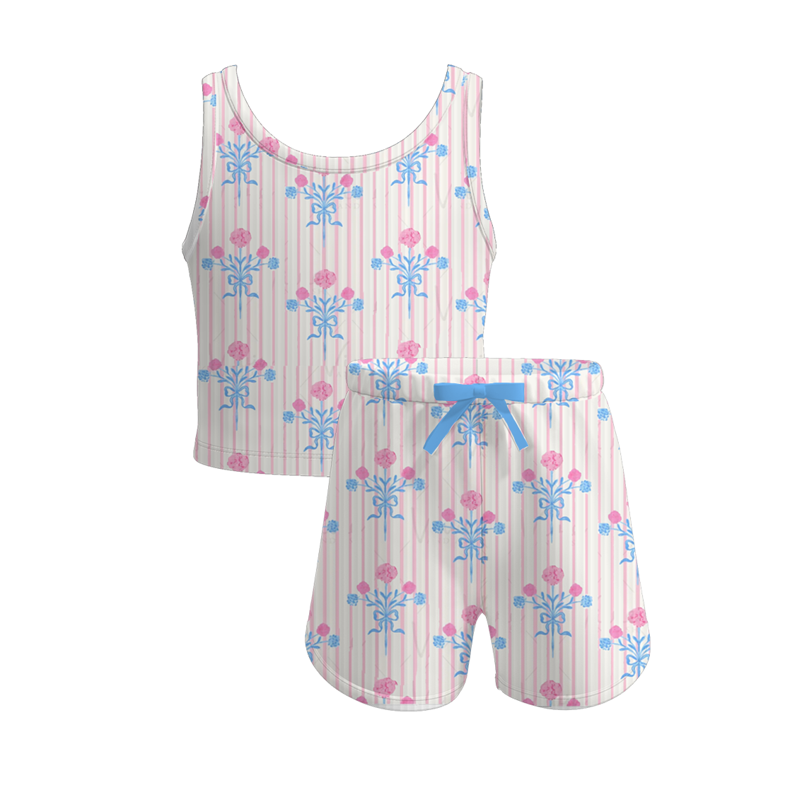 （Pre Order）Girls Spring and Summer Bow＆Floral Print Twill Shorts Set