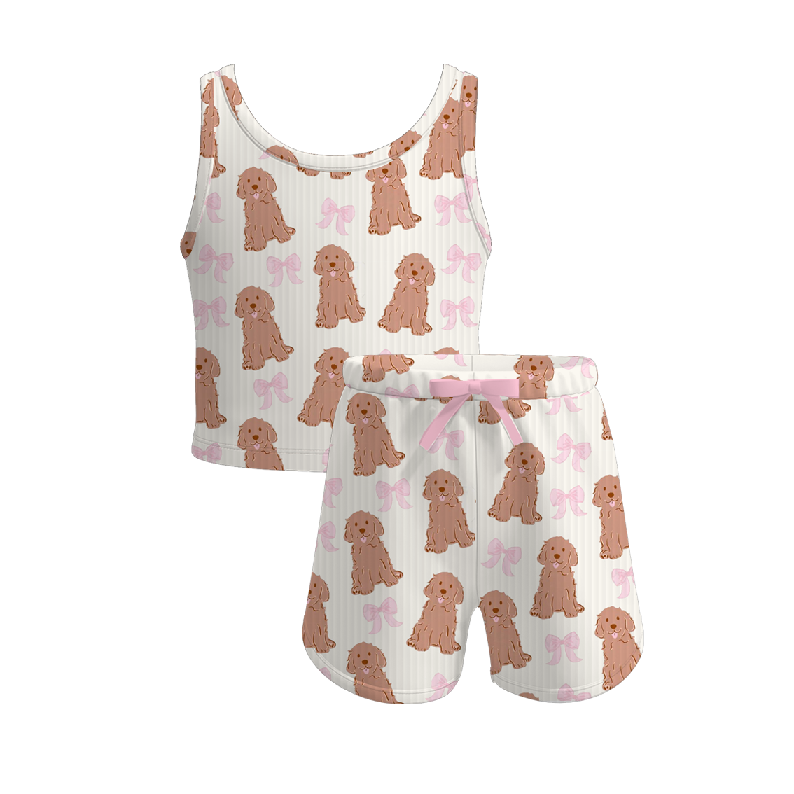 （Pre Order）Girls Spring and Summer Bow＆Puppy Print Twill Shorts Set