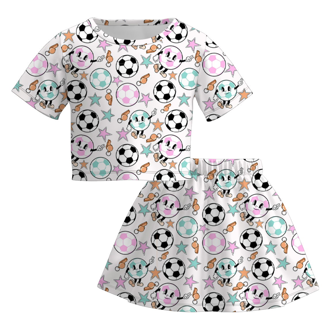 （In Stock）Girls Spring and Summer Soccer Print Skirt Set