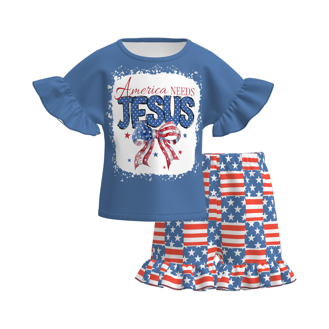 （Pre Order）Girls Patriotic Print Shorts Set