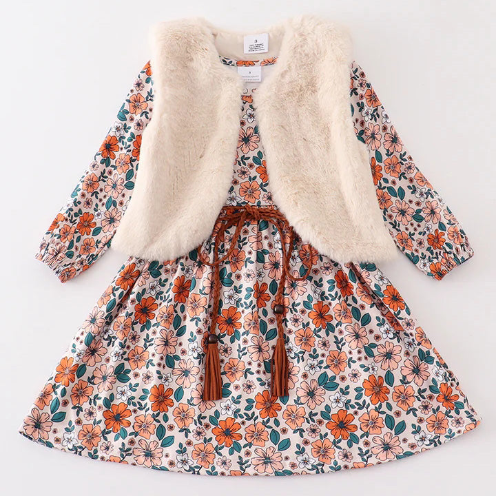 （In Stock E25-01-03）Girls Fall and Winter Floral Print Dress with Fleece Vest