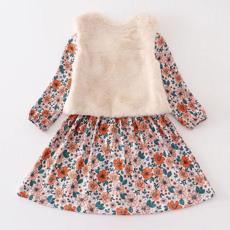 （In Stock E25-01-03）Girls Fall and Winter Floral Print Dress with Fleece Vest