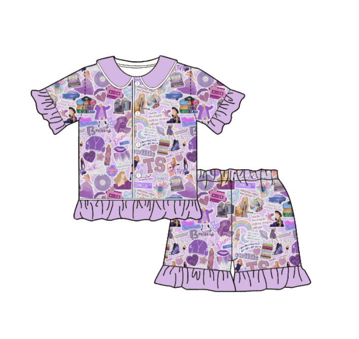 （Pre Order）Girls Summer TS Print Pajamas Ruffled Short Set